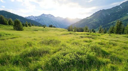 Fototapeta premium A serene landscape featuring lush green fields under a bright sky, with majestic mountains in the background.