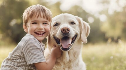 A joyful child smiles with a loving dog in a sunny outdoor setting, showcasing their strong bond in a natural, peaceful environment.