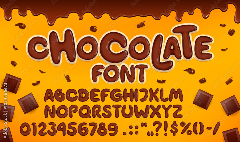 Poster candy type, chocolate font, brown choco typeface, tasty english alphabet letters and numbers made of