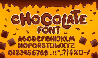 Candy type, chocolate font, brown choco typeface, tasty english alphabet letters and numbers made of melted dark chocolate dessert. Vector typography font with cocoa candy bars and choco curls