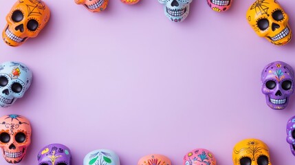 A vibrant array of decorative skull icons in various colors adorns a light purple background providing a festive yet minimalistic theme perfect for Day of the Dead celebrations
