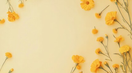 A minimalistic Day of the Dead design showcasing vibrant marigold flowers scattered across a soft yellow background ideal for festive celebrations and artistic projects