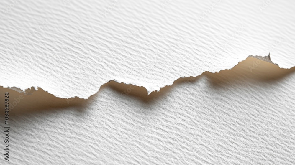 Fototapete A close-up view of a torn edge of paper showcases its textured surface and layered composition in soft lighting, revealing contrasting shades and depth.