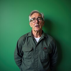 Fototapeta premium Senior man in a gray shirt, posing against a plain background.