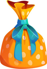 Cartoon Christmas and birthday holiday gift box. Festive, bright orange bag with polka dots and tied with a large blue ribbon. Isolated vector present or surprise for celebrations and gifting moments