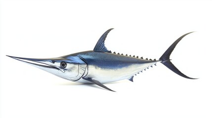 Fototapeta premium captivating image highlights the impressive Blue Marlin known for its sleek body and elongated bill. The fishs vibrant colors shine brilliantly against the white backdrop.