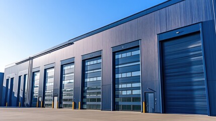 Fototapeta premium Modern industrial building with large doors. Perfect for illustrating a concept of shipping, manufacturing, or logistics.