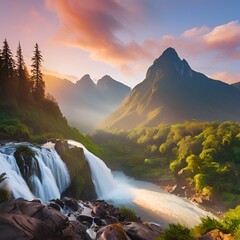 Breathtaking Mountain Waterfall Landscape at Dawn