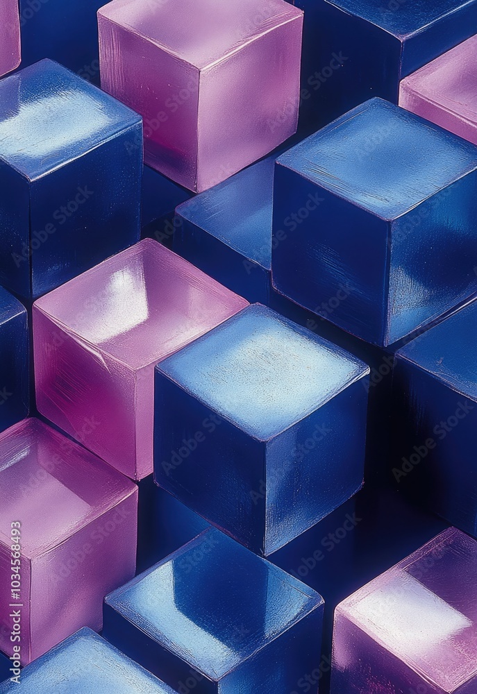 Poster a close-up of colorful translucent cubes in pink and blue arranged in a pattern.