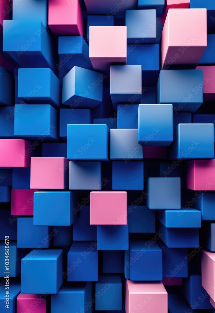 Poster a vibrant arrangement of blue and pink cubes creating a dynamic visual pattern.