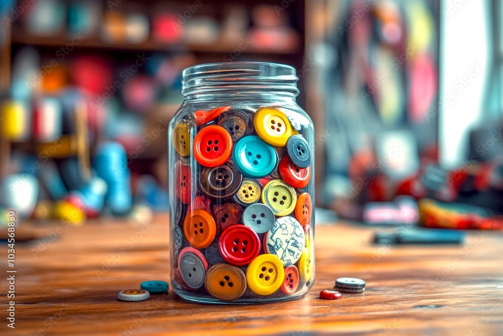 Poster a vibrant jar filled with colorful buttons sits on a wooden table. this image captures the essence o