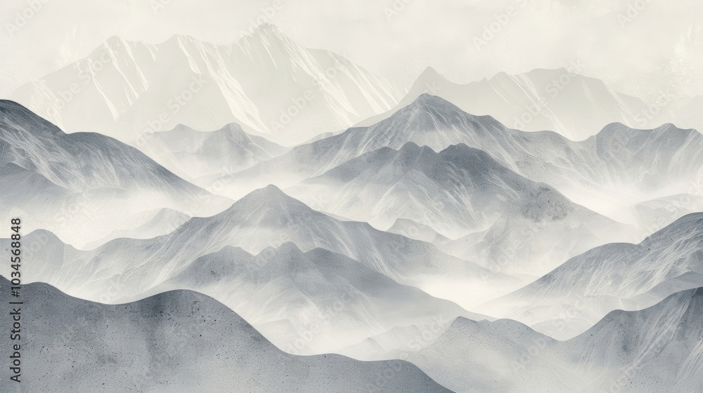 Poster a calming and serene design featuring a mountain range in a grainy filmlike effect. the soft and dre