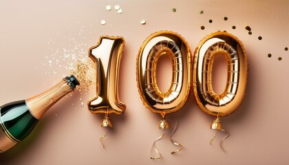 100th anniversary champagne bottle balloon pop. Top view. One hundred number party.