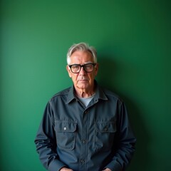 Fototapeta premium Elderly gentleman in a gray shirt standing in front of a green wall.