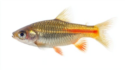 Denison Barb is depicted with striking coloration and distinct markings showcasing its body and fins isolated on a white background highlighting its beauty.