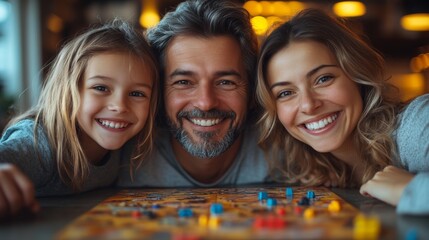 Fototapeta premium A family of three shares a joyful moment while playing a board game in their cozy living room, surrounded by warm lighting and smiles.
