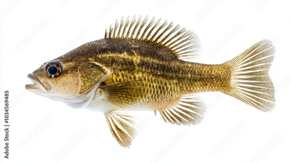 Poster shot displays a drum fish sciaenidae showcasing its striped patterns and fin structure against a cle