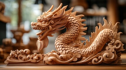 Fototapeta premium Bespoke Wooden Dragon Art Piece for Modern Office Decor and Display