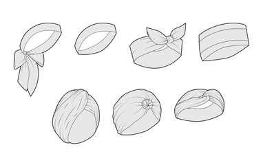 Set of Headband - Turban Scarf Tie Headscarf Summer Head Fashion accessory clothing technical illustration. Vector headgear for Men, women, unisex, flat template CAD mockup sketch outline isolated