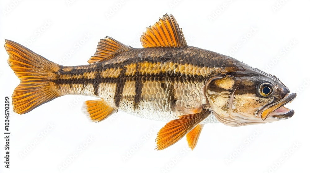Poster striking goliath tigerfish is highlighted against a pristine white backdrop emphasizing its scales f