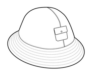 Fisherman Bucket Hat with pocket. Summer Head Fashion accessory cap clothing technical illustration. Vector headgear for Men, women, unisex style, flat template CAD mockup sketch outline isolated