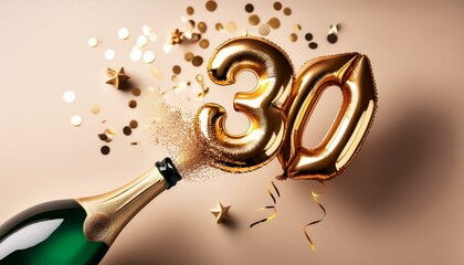 30th anniversary champagne bottle balloon pop. Happy bhirtday concept. Thirty number..