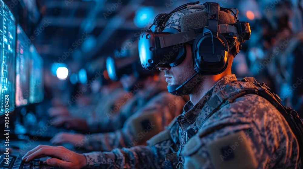 Aufkleber soldiers are utilizing virtual reality headsets while seated at computer stations, participating in 