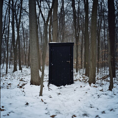 a small black wooden in the entrance of a dark forest, snow, in front white snow, minimalism