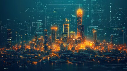 Fototapeta premium Futuristic Cityscape with Digital Overlays