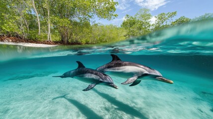 Playful Dolphins Swimming in Crystal Clear Turquoise Ocean Waters