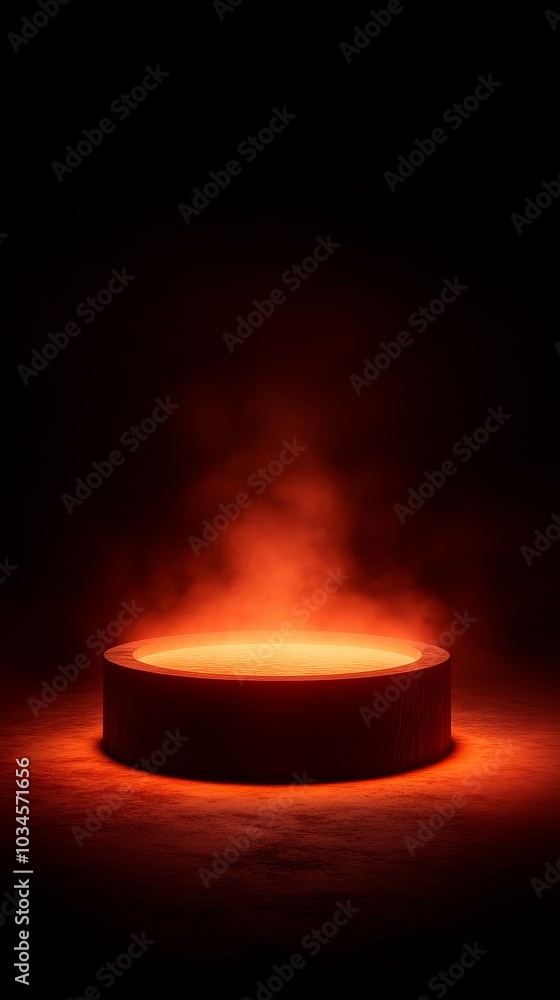 Poster Illuminated circular platform surrounded by mystical fog a captivating display of light and atmosphere in a dark environment