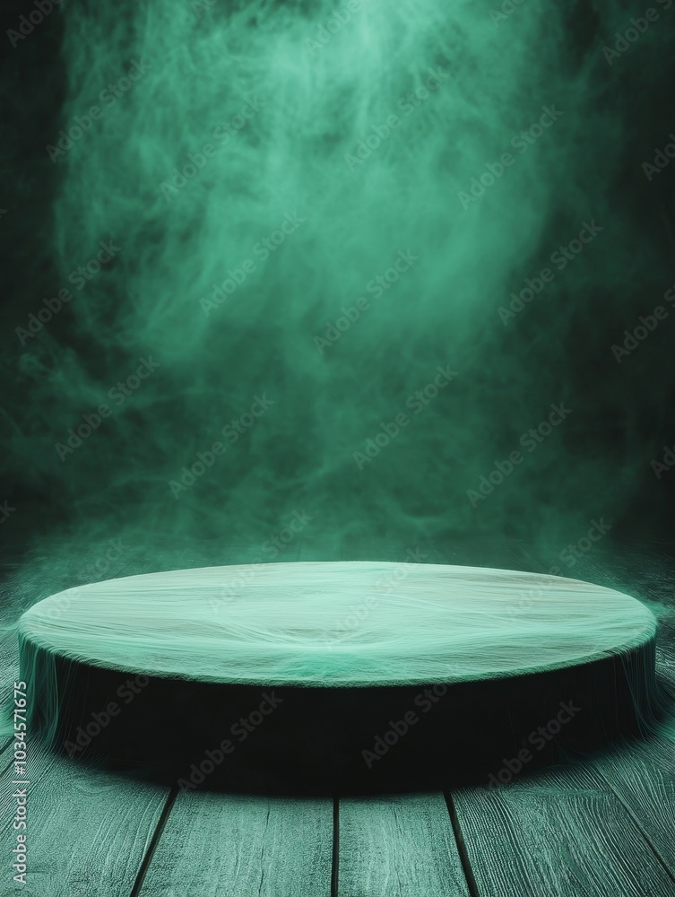 Poster mysterious green smoke surrounding an empty stage perfect for creating atmospheric visuals and capti