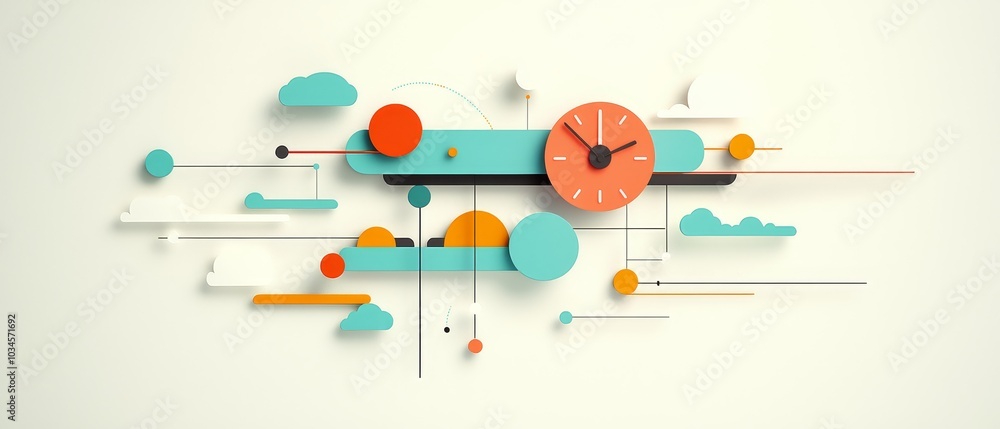 Poster vibrant flat design illustration of project timeline featuring colorful elements and clock for enhan