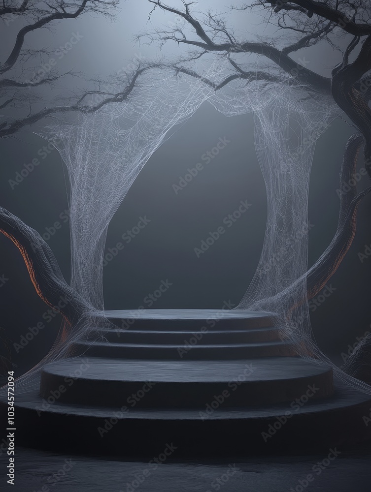 Poster enchanting mystique a hauntingly beautiful scene of a web-covered stage amidst twisted trees in an e