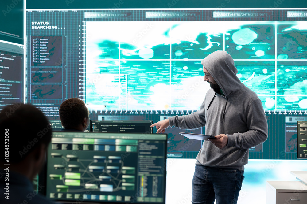 Poster cyber security experts team working on encryption and it security in a governmental agency. speciali