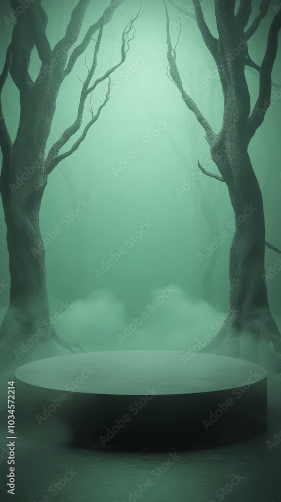 Aufkleber mysterious foggy forest stage surrounded by twisted trees creating an enigmatic ambiance perfect for
