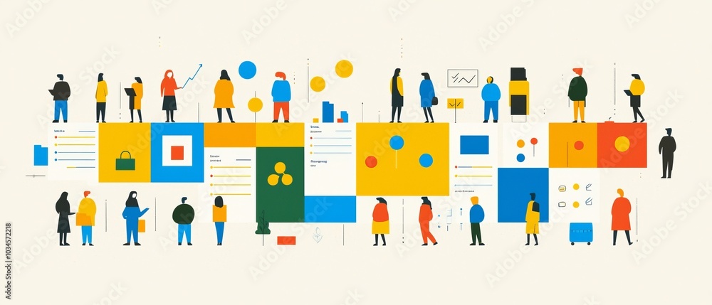 Poster a vibrant flat design illustration showcasing a comprehensive project timeline with dynamic characte