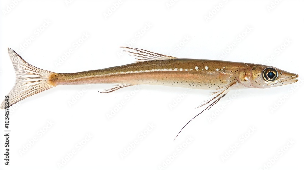 Poster composition features a needlefish displaying its slender shape and distinct coloration highlighting 