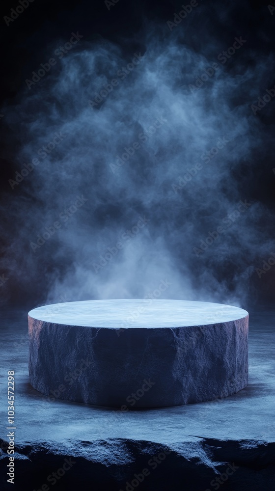 Poster mysterious circular platform surrounded by ethereal fog creating a dreamlike ambiance for artistic e