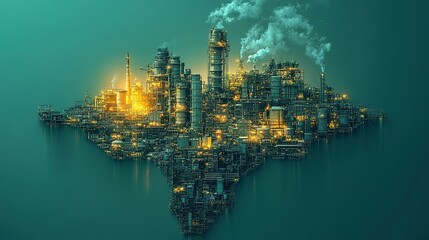 Obraz premium A Floating Industrial Island with Smoke Plumes