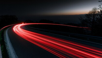 Cars red light trails at night in a curve asphalt road at night, long exposure image	
