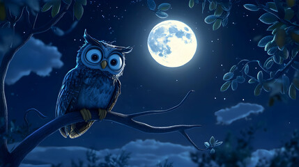3D cartoon illustration of an owl perched on a branch with a full moon in the night sky   