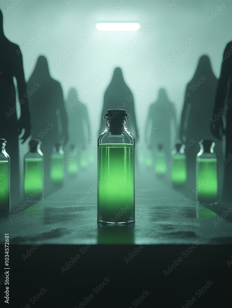 Poster mysterious green elixir unveiling the secrets of enigmatic bottles in a shadowscape setting