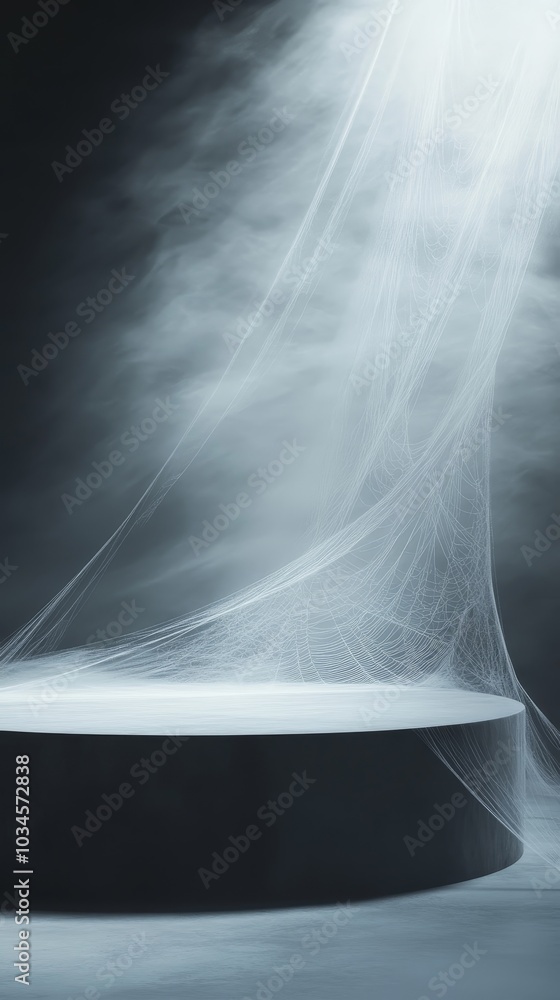 Poster mysterious ethereal scene with wispy veils of smoke surrounding a central circular platform in dim l