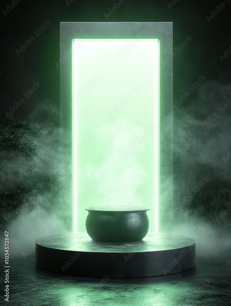 Poster Mystical green portal and cauldron enveloped in ethereal mist a journey into the unknown awaits