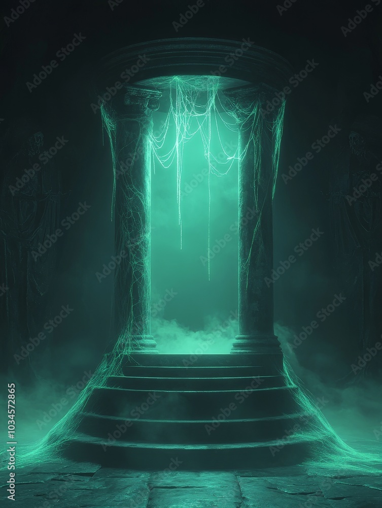 Poster a mysterious portal emerges from the shadows enveloped in ethereal light and surrounded by a hauntin