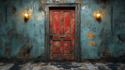A weathered red door with peeling paint and a rusty mailbox, set against a blue and green peeling wall. There are two sconces on either side of the door.