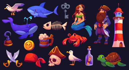 Cartoon pirate game assets and corsair characters for treasure island adventure, vector icons. Caribbean pirate game GUI assets of mermaid siren, fish skeleton and pirate skull in tricorne hat