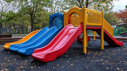Colorful playground slides with yellow, red, and blue colors.