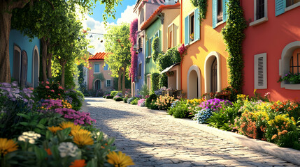 Fototapeta premium 3D illustration of a colorful street lined with houses and greenery 